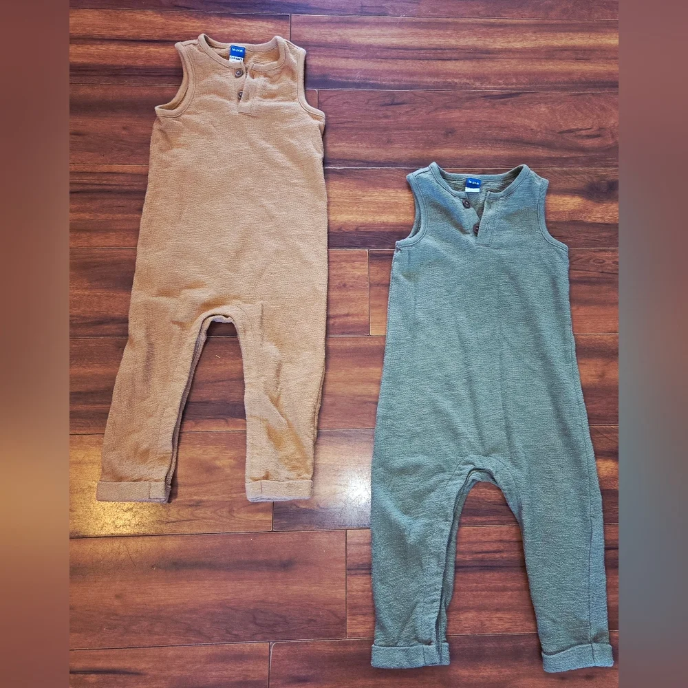 (2) Old Navy Olive Green & Brown Sleeveless Baby Henley Rompers Snap In Crotch